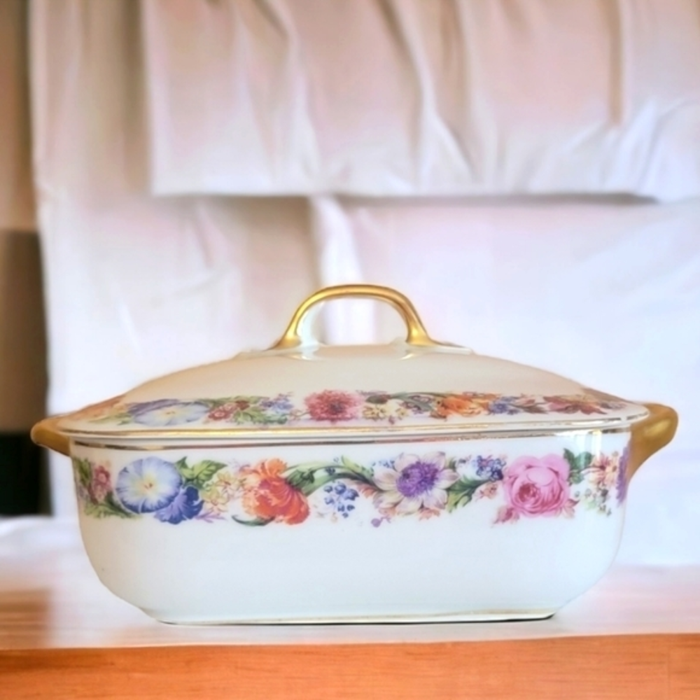 Antique‎ Square Vegetable Bowl, Aich Czechoslovakia, Floral Bands, Gold Trimmed
